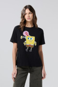 Camiseta negra cuello redondo con estampado de Bob Esponja