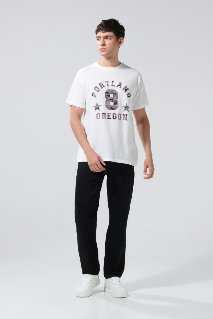 Camiseta cuello redondo college crema en algodón