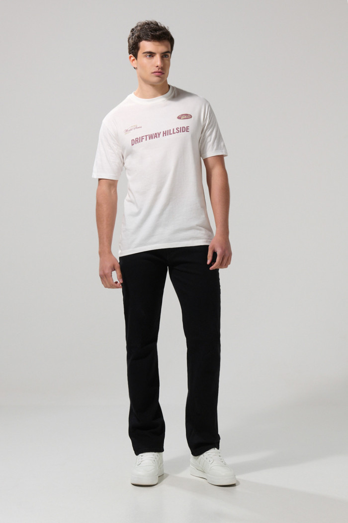 Camiseta cuello redondo college crema clara en algodón