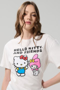 Camiseta crema cuello redondo con arte de Hello Kitty