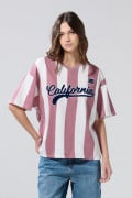 Camiseta cuello V crema clara oversize college a rayas