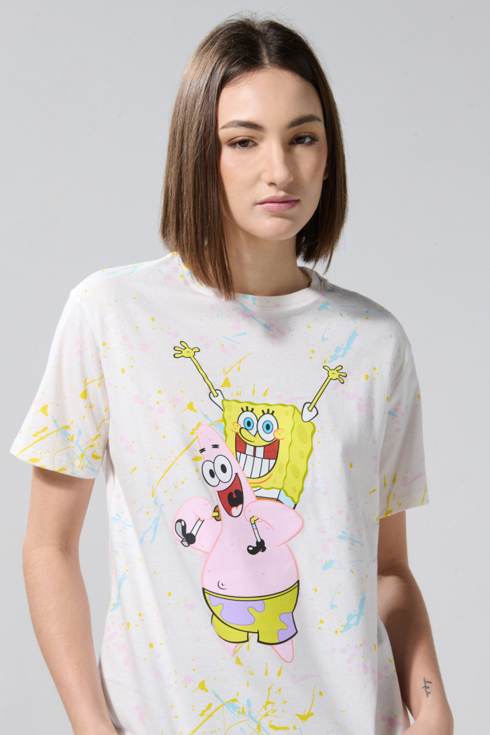 Camiseta crema cuello redondo con estampado de Bob Esponja