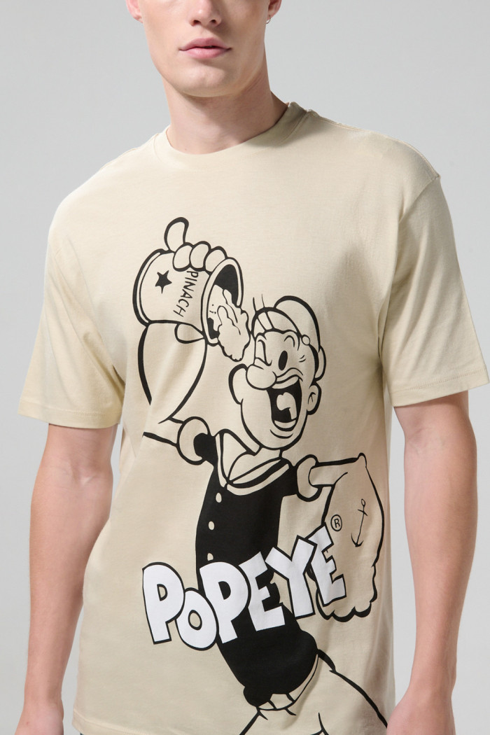 Camiseta kaki clara manga corta con arte de Popeye