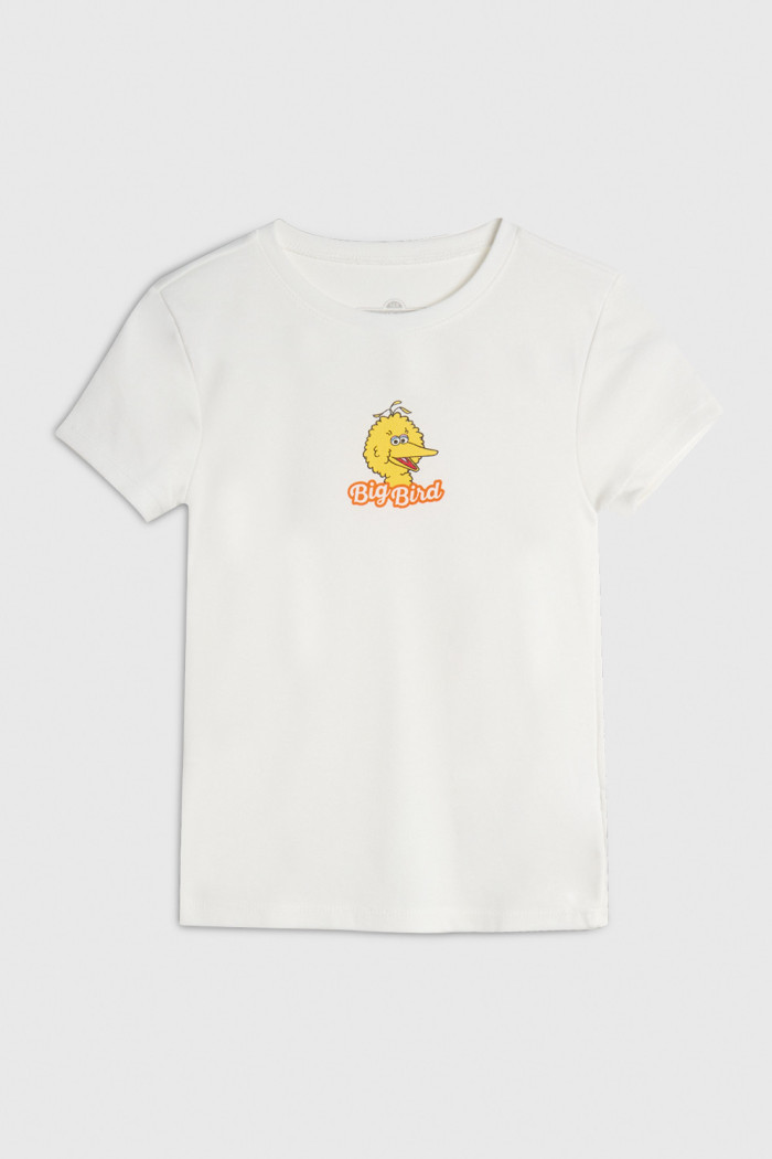 Camiseta crema manga corta con arte de Plaza Sésamo