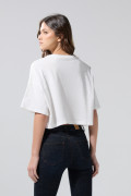 Camiseta oversize crop top crema clara con arte college
