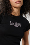 Camiseta college negra acanalada con cuello redondo