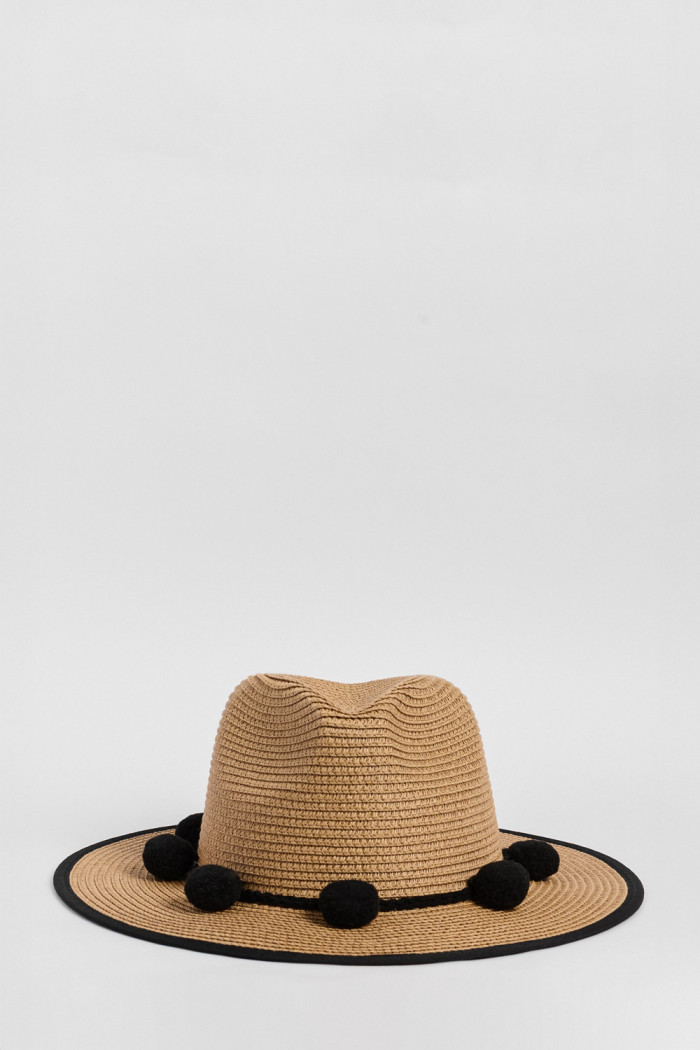 Sombrero kaki oscuro fedora con pompones negros