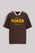 Camiseta cuello V oversize café con diseño de Cerveza Poker