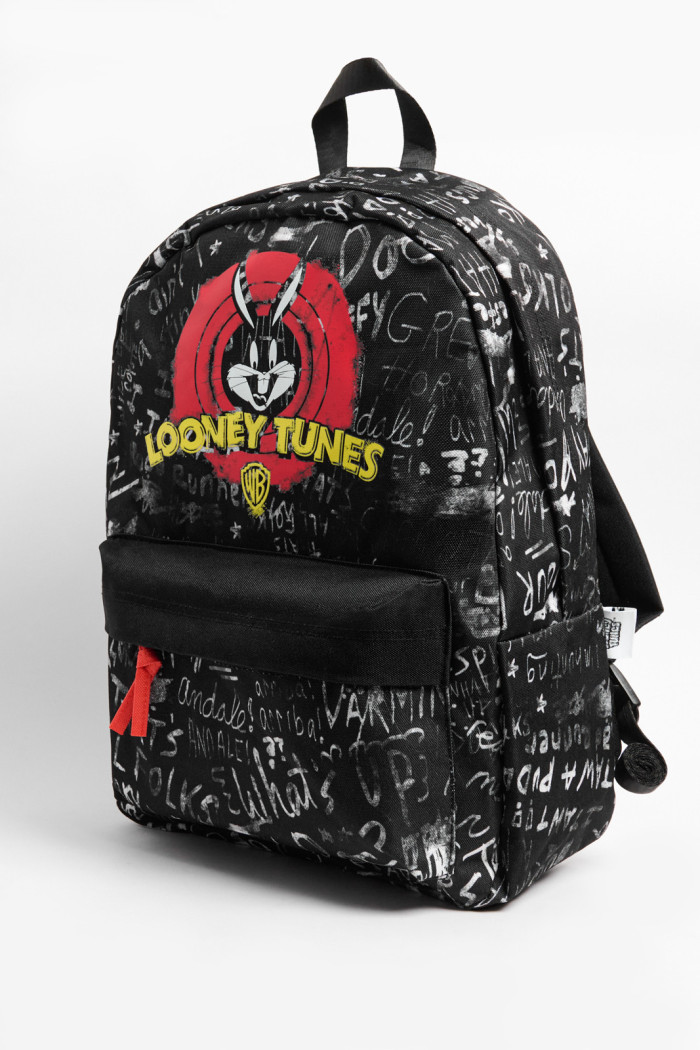 Maleta negra con arte de Looney Tunes y cremalleras