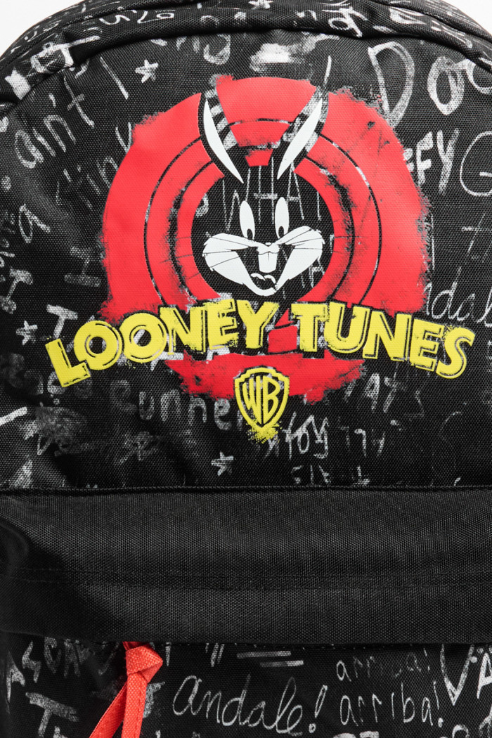 Maleta negra con arte de Looney Tunes y cremalleras