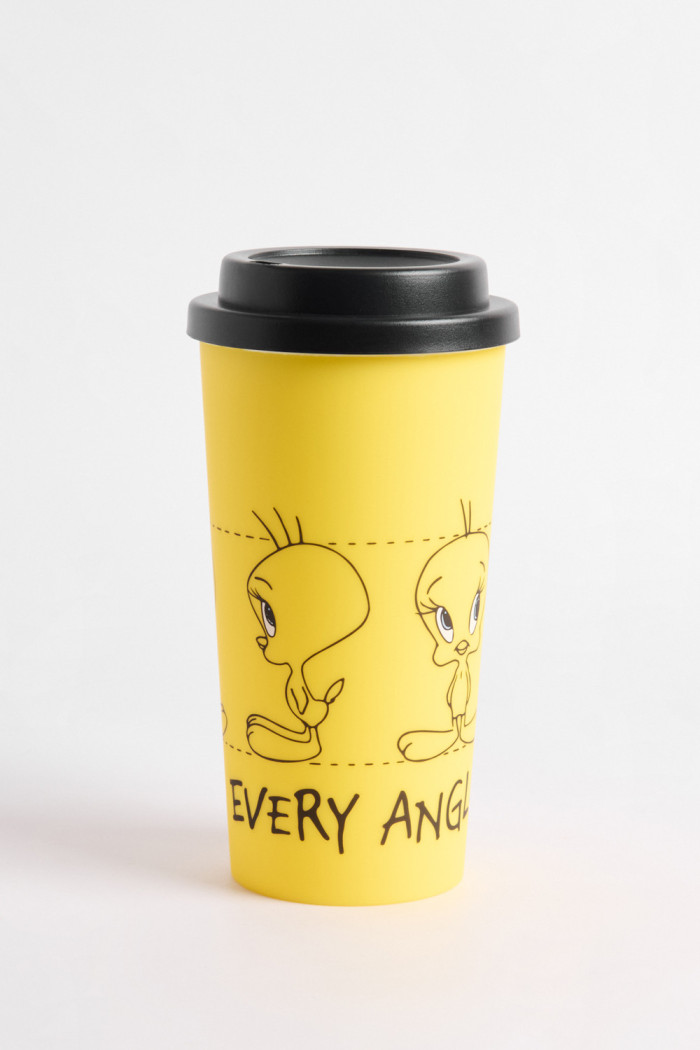 Vaso unicolor con tapa y diseño de Looney Tunes
