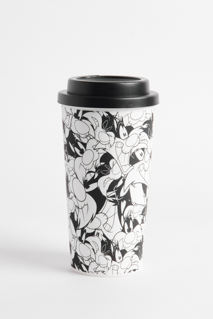 Vaso unicolor con tapa y diseño de Looney Tunes