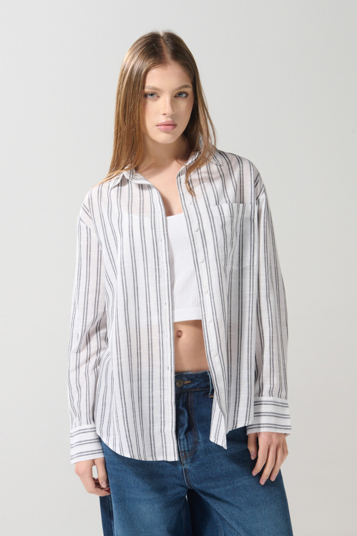 Blusa en algodón unicolor oversize manga larga con rayas