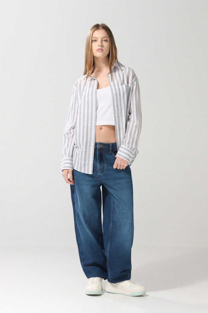 Blusa en algodón unicolor oversize manga larga con rayas
