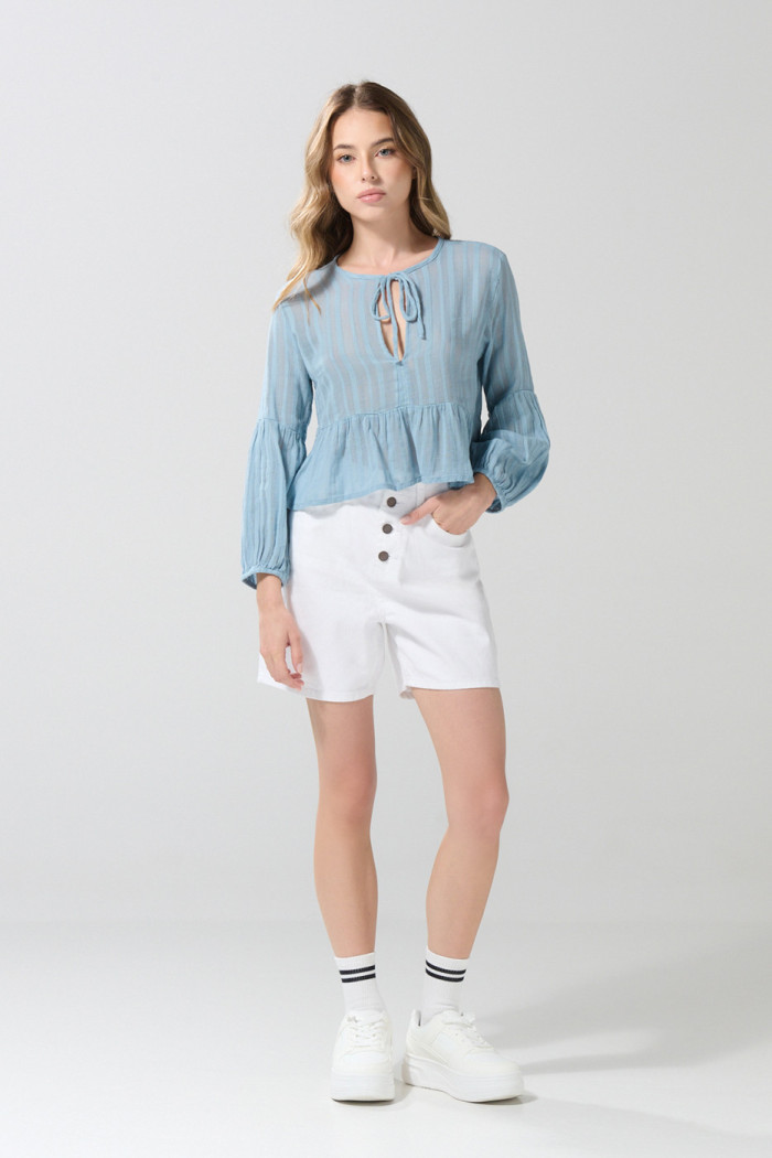 Blusa manga larga unicolor con fruncido en cintura
