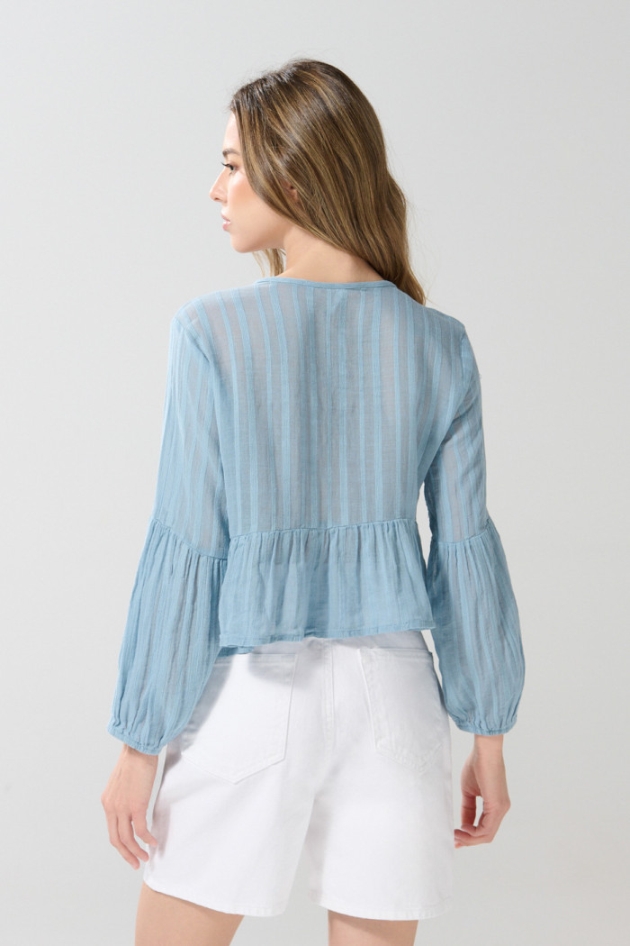 Blusa manga larga unicolor con fruncido en cintura