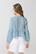 Blusa manga larga unicolor con fruncido en cintura
