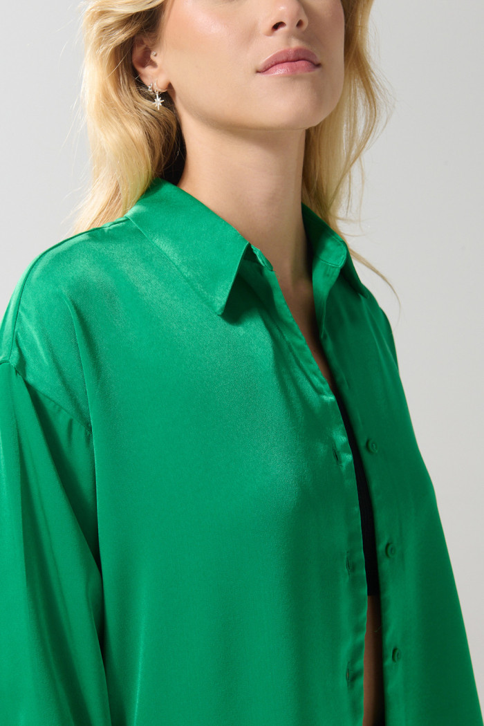 Blusa manga larga unicolor en satín con botones