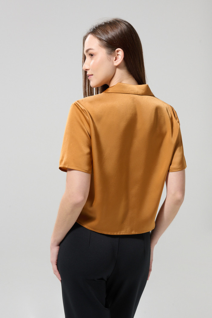 Blusa en satín manga corta unicolor con cuello resort