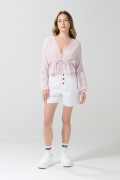Blusa crop top unicolor con escote V y manga larga