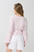 Blusa crop top unicolor con escote V y manga larga