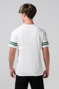 Camiseta crema con arte college, rayas y cuello redondo