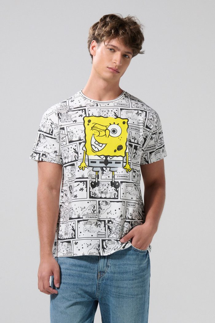 Camiseta manga corta crema clara con artes de Bob Esponja