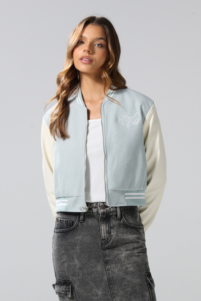 Chaqueta bomber verde college con mangas en contraste