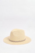 Sombrero crema claro fedora con cinta colorida trenzada
