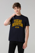 Camiseta cuello redondo azul con arte college amarillo