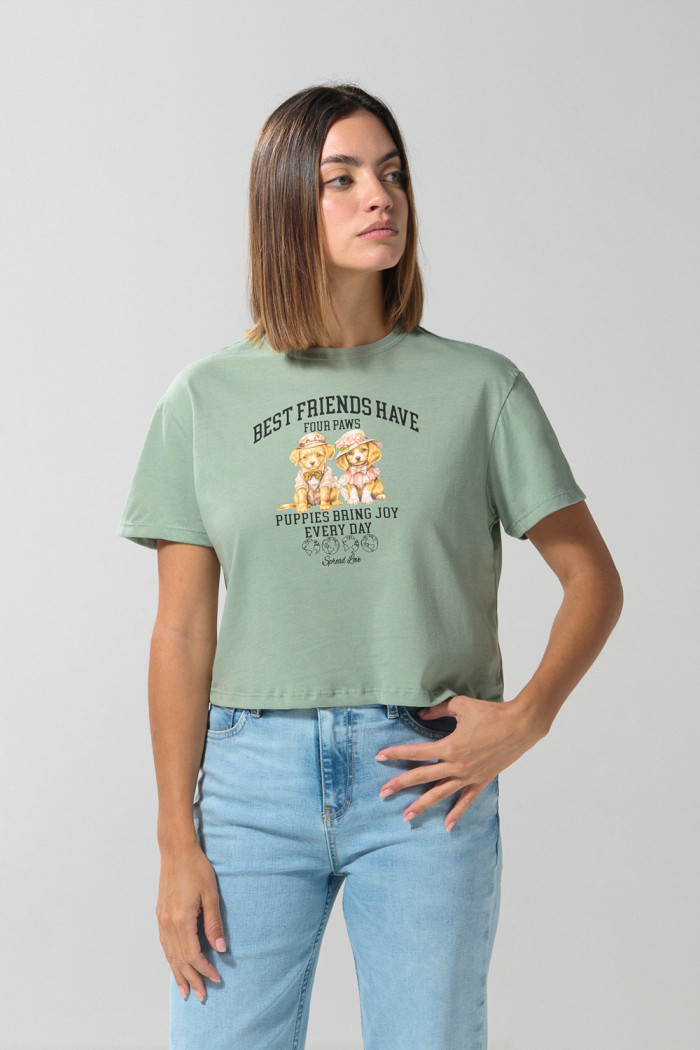 Camiseta crop top unicolor con diseño de animalito
