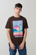 Camiseta en algodón manga corta unicolor con arte de paisaje