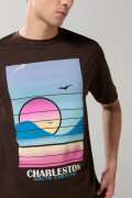 Camiseta en algodón manga corta unicolor con arte de paisaje
