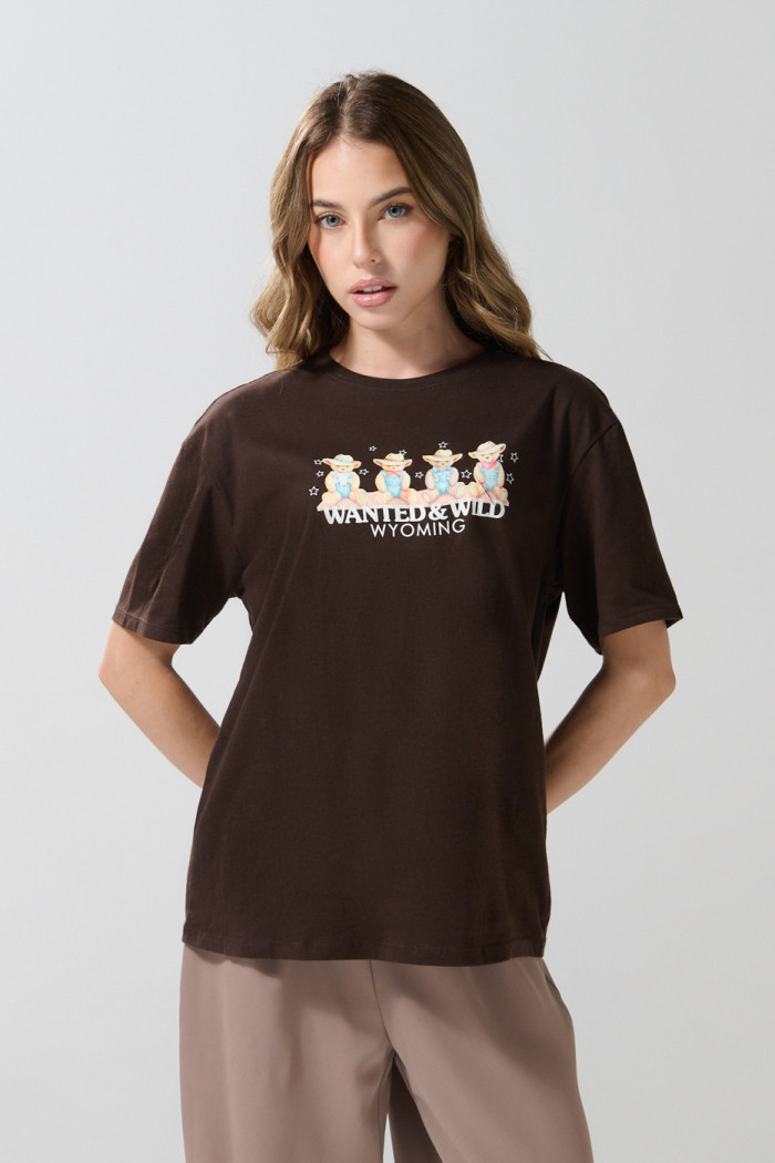 Camiseta unicolor manga corta con arte de osito