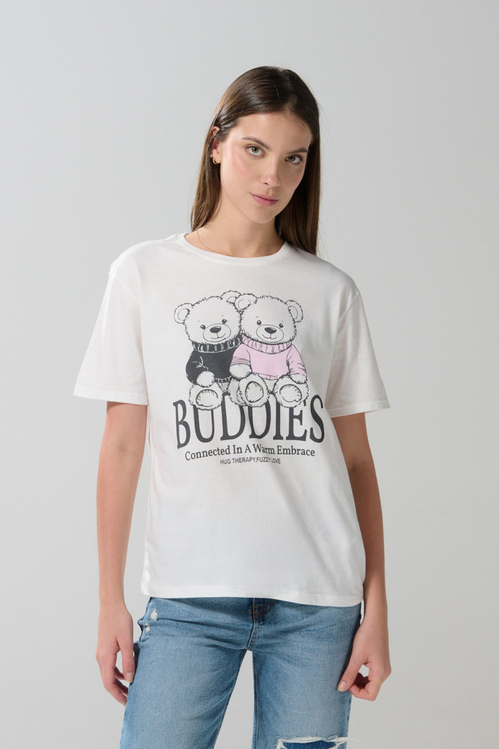 Camiseta unicolor manga corta con diseño de osito