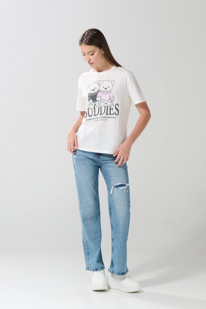 Camiseta unicolor manga corta con diseño de osito