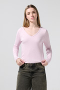 Camiseta manga larga unicolor acanalada con cuello V