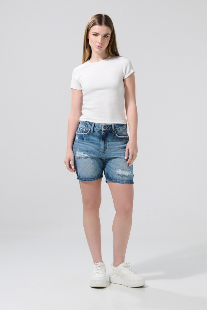 Camiseta en rib ajustada con manga corta unicolor