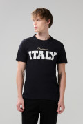 Camiseta cuello redondo negra con texto college blanco