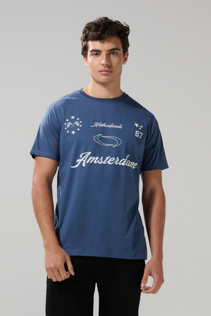 Camiseta azul oscura college en algodón manga corta