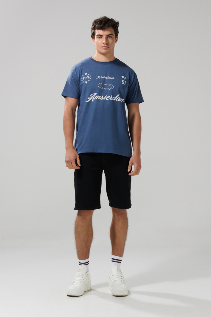 Camiseta azul oscura college en algodón manga corta