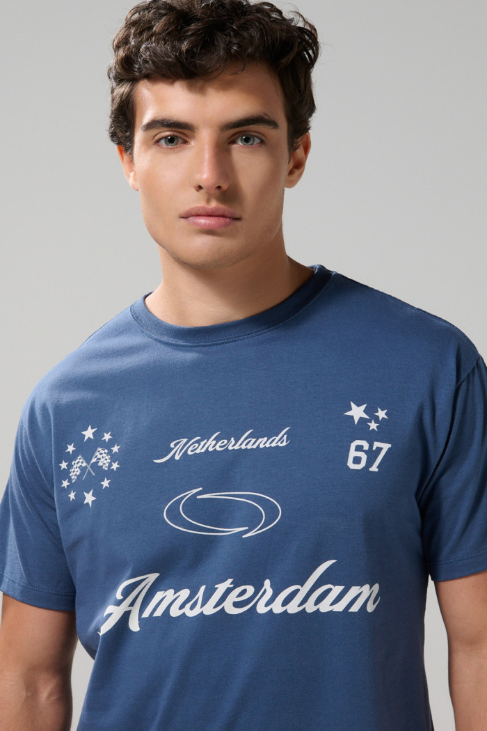 Camiseta azul oscura college en algodón manga corta