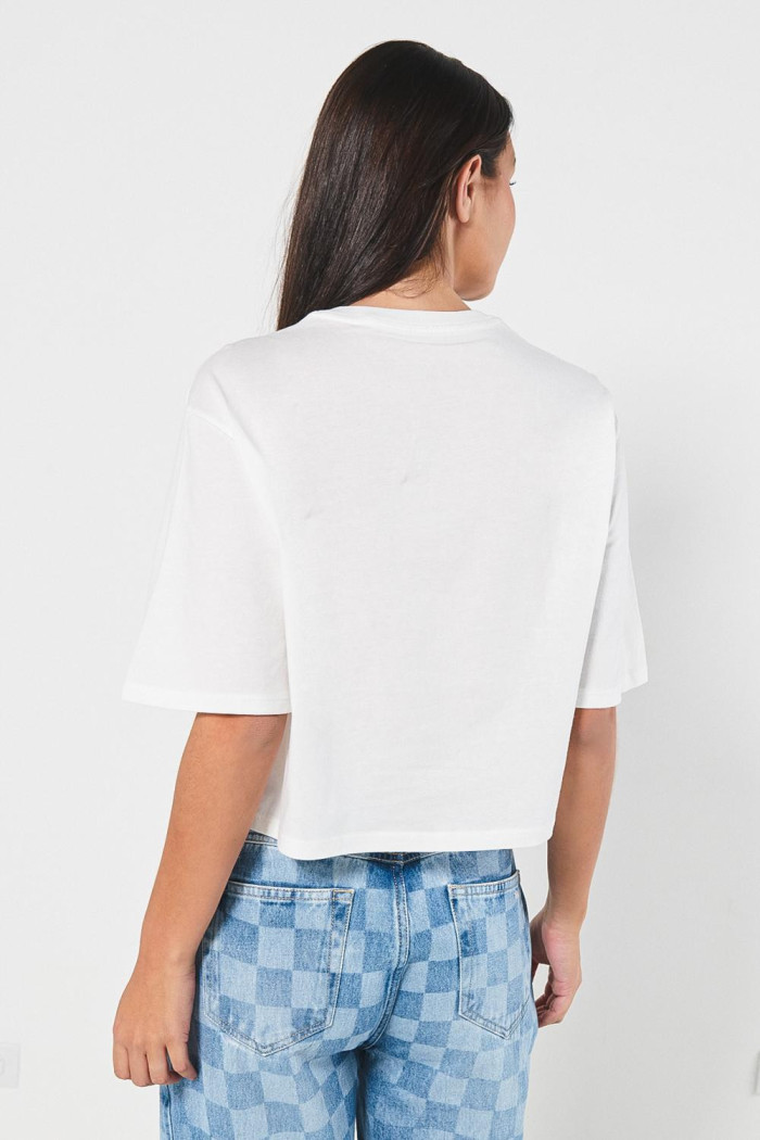 Camiseta oversize crop top crema con diseño místico