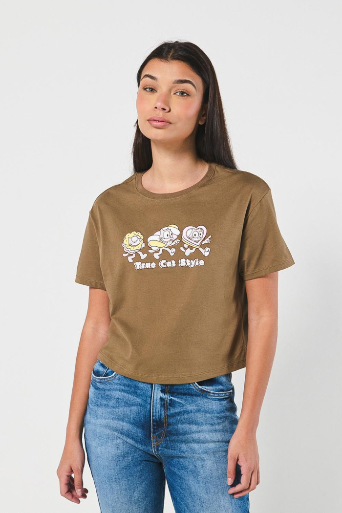Camiseta crop top café clara de Félix el Gato en algodón