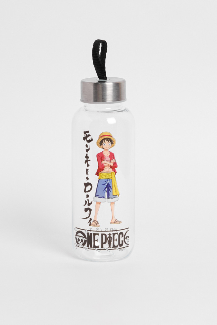 Botella blanca con diseño de One Piece y tapa