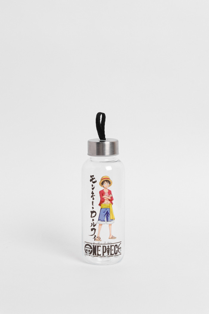 Botella blanca con diseño de One Piece y tapa