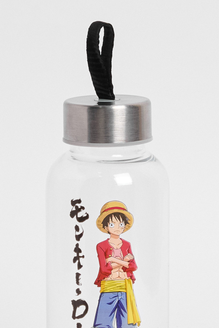 Botella blanca con diseño de One Piece y tapa