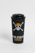 Vaso negro con tapa removible y arte de One Piece