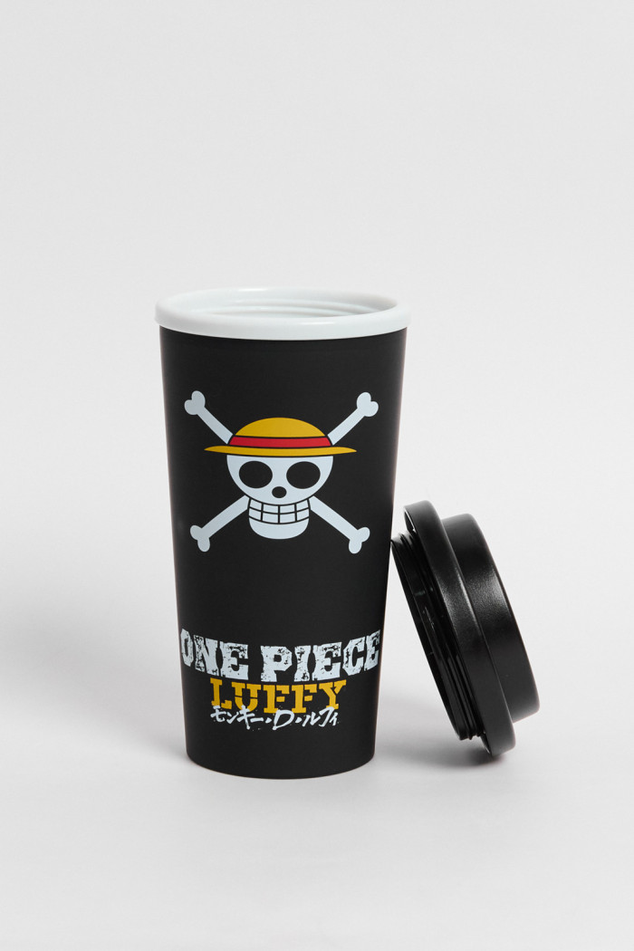 Vaso negro con tapa removible y arte de One Piece