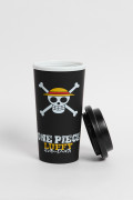 Vaso negro con tapa removible y arte de One Piece
